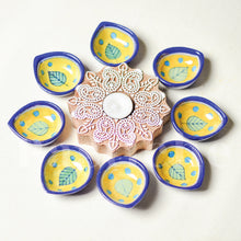 Load image into Gallery viewer, Blue Pottery Diya Gift - Leaf