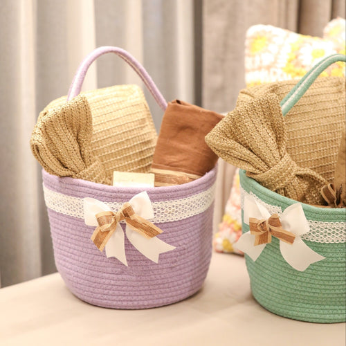 woven baskets with ribbons 
