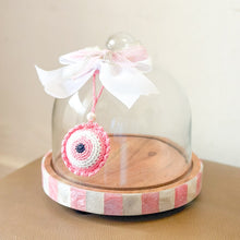 Load image into Gallery viewer, Aa clear glass cloche dome  wooden band cake stand with mother of pearl detailing.
