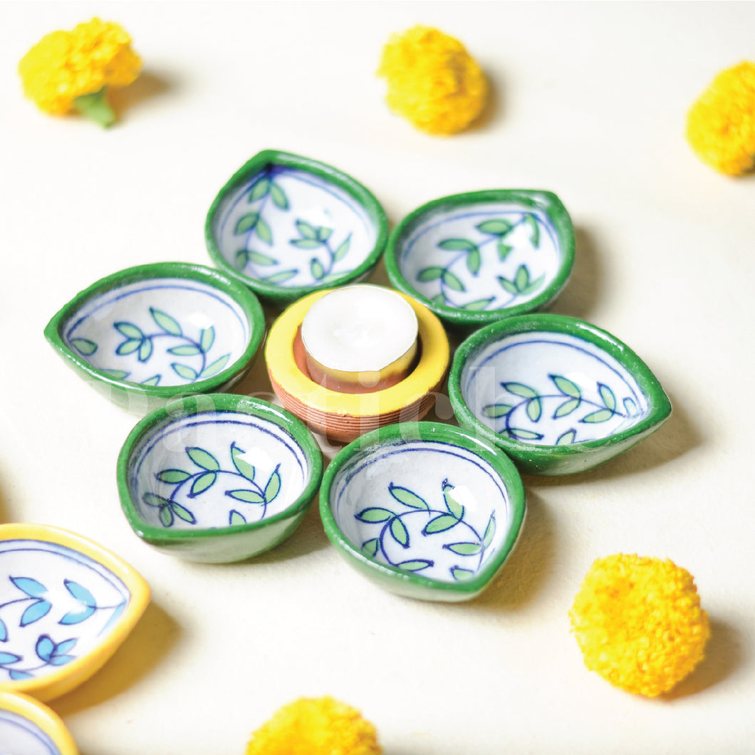 Blue Pottery Diya Set - Floret
